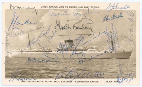 M.C.C. tour of South Africa 1956/57. Rarer sepia postcard of the Union-Castle Line R.M.S. &lsquo;Edinburgh Castle&rsquo; which took the team to South Africa. Very nicely signed in ink to card face by nineteen members of the touring party. Signatures include May (Capt
