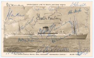 M.C.C. tour of South Africa 1956/57. Rarer sepia postcard of the Union-Castle Line R.M.S. &lsquo;Edinburgh Castle&rsquo; which took the team to South Africa. Very nicely signed in ink to card face by nineteen members of the touring party. Signatures include May (Capt