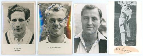 Derbyshire and Worcestershire. Two signed player portrait postcards. One of Donald Carr (Derbyshire, Oxford University & England 1946-1963), the other of Dick Richardson (Worcestershire & England 1952-1967). Both by Sporting Handbooks Ltd. with player nam