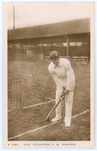 David William Jennings. Kent 1909-1914. Sepia real photograph postcard of Jennings in batting pose wearing Kent cap. Kingsway Real Photo Series no. S11393. Postally unused. Very good condition.