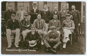 &lsquo;Somerset County Cricket Team, 1909&rsquo;. Sepia real photograph postcard of the Somerset team, featuring John Daniell (Captain) and Sammy Woods, seated and standing in rows wearing cricket attire and assorted blazers. Publisher unknown. Postally unused. Minor