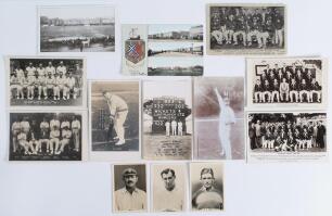 Team and player postcards 1900s-1950s. Ten postcards of which seven are real photographs including &lsquo;Kent v. Essex, Brentwood May 31st 1934&rsquo;. Record score. Mono real photograph postcard depicting Bill Ashdown, Les Ames and Frank Woolley standing in front o