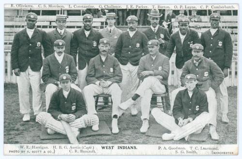 West Indies tour to England 1906. Early mono postcard of the West Indies touring party, depicted seated and standing in rows wearing cricket attire, blazers and assorted headgear. Players&rsquo; names printed to margins of Austin (Captain), Harrigan, Goodman, L
