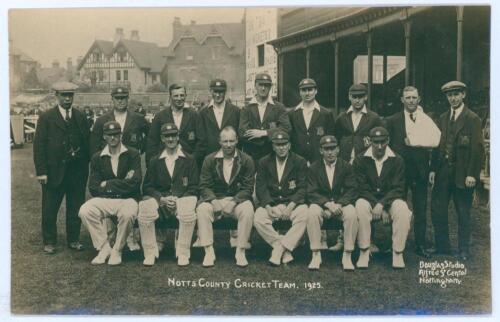Nottinghamshire C.C.C. 1925. Original sepia real photograph postcard of the Nottinghamshire team seated and standing in rows wearing cricket attire, caps and blazers. Players are Carr (Captain), Matthews, Oates, J. Gunn, Payton, Barratt, Richmond, G. Gunn
