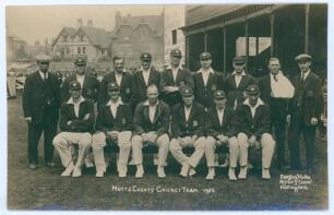 Nottinghamshire C.C.C. 1925. Original sepia real photograph postcard of the Nottinghamshire team seated and standing in rows wearing cricket attire, caps and blazers. Players are Carr (Captain), Matthews, Oates, J. Gunn, Payton, Barratt, Richmond, G. Gunn