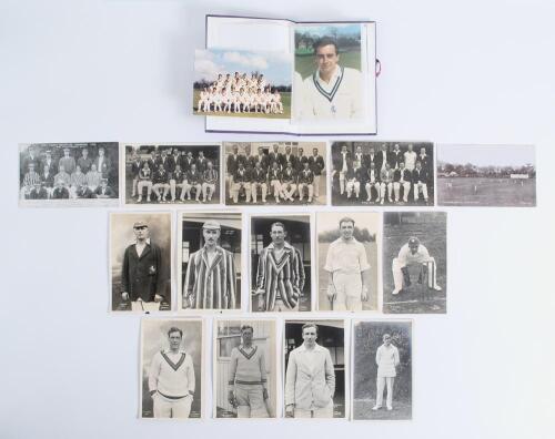 Kent player and team postcards. A selection of mono real photograph postcards of Kent players c.1927. Includes nine of players depicted in cricket attire, Frank Woolley (2 different), Tom Longfield, George Collins, John Evans, Geoffrey Legge, Les Ames (2)