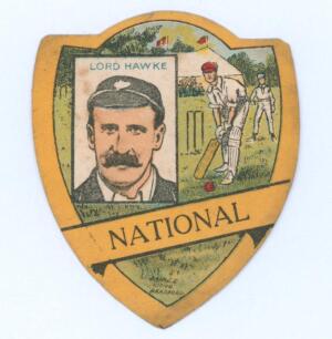 Lord Hawke. Yorkshire & England. Rare early shield shaped trade card with cameo of Hawke, named, to left hand side and image of a cricket match to right. &lsquo;National&rsquo; in strip below. J. Baines Litho, Bradford 1890&rsquo;s. With advertising to reverse. Minor soili