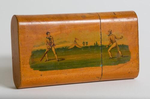 Cricket cigar box. An attractive wooden oblong cylindrical cigar box with a horizontal 19th century cricket scene to the side, in colour, of a bowler about to bowl to batsman, cricket tent and trees to background. The scene entitle &lsquo;Play&rsquo; to lower border.
