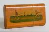 Cricket cigar box. An attractive wooden oblong cylindrical cigar box with a horizontal 19th century cricket scene to the side, in colour, of a bowler about to bowl to batsman, cricket tent and trees to background. The scene entitle &lsquo;Play&rsquo; to lower border.