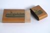 Cricket cigar box. An attractive wooden oblong cylindrical cigar box with a horizontal 19th century cricket scene to the side, in colour, of a bowler about to bowl to batsman, cricket tent and trees to background. The scene entitle &lsquo;Play&rsquo; to lower border. - 3