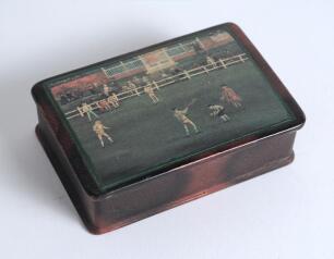 Cricket snuff box. An oblong wooden snuff box. The hinged lid painted with an early colour cricketing scene. Date unknown. The box measures 3.25&rdquo;x2.25. Very minor wear otherwise in good condition