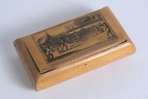 Cricket snuff box. Wooden oblong snuff box with hinged lid, the lid with a mono cricketing scene of a match in progress. The box measures approximately 3.25&rdquo; x 1.75&rdquo;. Minor wear otherwise in good condition