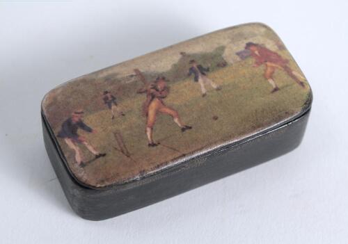 Cricket snuff box. Small oblong early Victorian black lacquered papier mache snuff box. The hinged lid painted with an early colour cricketing scene. The box measures 2.5&rdquo;x1&rdquo;. Minor wear otherwise in good condition. Rarely seen