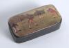 Cricket snuff box. Small oblong early Victorian black lacquered papier mache snuff box. The hinged lid painted with an early colour cricketing scene. The box measures 2.5&rdquo;x1&rdquo;. Minor wear otherwise in good condition. Rarely seen