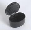 Cricket snuff box. An oval black lacquered papier mache snuff box with hinged lid, believed to be circa 1870&rsquo;s. The lid painted with a cricketing scene of boys playing cricket with trees in background. The box measures approx 2.75&rdquo; x 2&rdquo;x 1.25&rdquo; deep. Good - 2