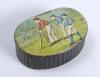 Cricket snuff box. An oval black lacquered papier mache snuff box with hinged lid, believed to be circa 1870&rsquo;s. The lid painted with a cricketing scene of boys playing cricket with trees in background. The box measures approx 2.5&rdquo; x 1.75&rdquo;x .75&rdquo; deep. Some