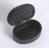 Cricket snuff box. An oval black lacquered papier mache snuff box with hinged lid, believed to be circa 1870&rsquo;s. The lid painted with a cricketing scene of boys playing cricket with trees in background. The box measures approx 2.5&rdquo; x 1.75&rdquo;x .75&rdquo; deep. Some - 2