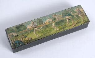 Cricket pencil case. A black laquered papier mache oblong pencil case with hinged lid, believed to be circa 1870/80&rsquo;s. The lid painted with a comical cricketing scene of men playing cricket with tent and spectators to background. The case measures approxi