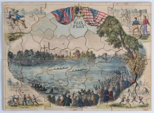 Cricket and Sporting jigsaw.
A Victorian colour jigsaw entitled &lsquo;Health&rsquo; in wooden box, the lid of the box is a cricket scene with a bowler about to bowl to the batsman, tent and players to background, various sports equipment portrayed to lower border, t