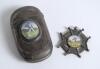 Cricketing vesta case. An oblong shaped silver metal vesta case with oval colour enamel image of a batsman to centre.
