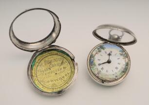 Cricketing silver pocket watch 1897. An exquisite colourful watch face with an 18th century cricket scene of a bowler about to bowl a ball with the batsman stood in front of two stumps and bails, two fielders are also featured within floral and tree decor