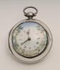 Cricketing silver pocket watch 1897. An exquisite colourful watch face with an 18th century cricket scene of a bowler about to bowl a ball with the batsman stood in front of two stumps and bails, two fielders are also featured within floral and tree decor - 3