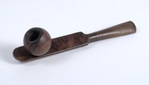 Cricket pipe. Rosewood smoking pipe comprising a stem shaped cricket bat and the bowl shaped as a cricket ball. The pipe was produced by Lowe & Co of London, with emblem &lsquo;L & Co&rsquo; in oval to stem of the pipe. Circa 1890&rsquo;s. 4.5&rdquo; long. Good condition