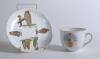 Cricket spoons. A pair of silver plated spoons each with a similar figure of a batsman at the wicket to top of handle. Sold with a small ceramic cricket cup with image of a batsman and a golfing saucer, cracks to the saucer. G - 4