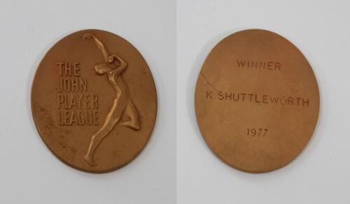 Kenneth Shuttleworth. Lancashire, Leicestershire & England 1964-1980. John Player League &lsquo;Winners&rsquo; 1977. Bronze metal medal presented to Shuttleworth as a member of the Leicestershire winning team. The medal with image of a bowler and title &lsquo;John Player L