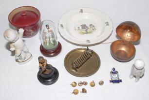 Cricket, golf and sporting metalware and ceramics. Interesting selection including a enamel and gold metal pin badge with the wording &lsquo;CAB 3rd [Test] 1984. India vs England&rsquo; with a further hanging part on chain &lsquo;Player. England&rsquo;, five brass Victorian cric