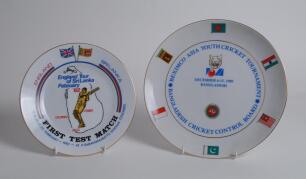 Sri Lanka v England &lsquo;First Test Match. 100 Years&rsquo;. Rare commemorative plate, by Lanka Porcelain, produced to mark the first Test match between Sri Lanka and England, played at Colombo 17th-22nd February 1982. 8&rdquo; diameter. Sold with a larger plate commemor