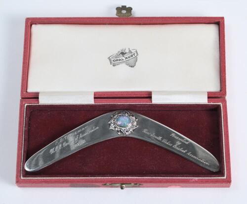 Frederick Sewards &lsquo;Fred&rsquo; Trueman. Yorkshire & England 1949-1968. &lsquo;M.C.C. tour of Australia 1962/63&rsquo;. Sterling silver boomerang presented to &lsquo;F.S. Trueman. M.C.C. tour of Australia 1962/63 by the New South Wales Cricket Association&rsquo;. The 5.25&rdquo; boomerang wi