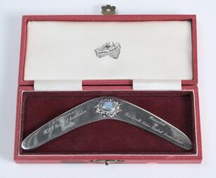 Frederick Sewards &lsquo;Fred&rsquo; Trueman. Yorkshire & England 1949-1968. &lsquo;M.C.C. tour of Australia 1962/63&rsquo;. Sterling silver boomerang presented to &lsquo;F.S. Trueman. M.C.C. tour of Australia 1962/63 by the New South Wales Cricket Association&rsquo;. The 5.25&rdquo; boomerang wi