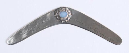 Geoffrey Pullar. Lancashire, Gloucestershire & England 1954-1970. &lsquo;M.C.C. tour of Australia 1962/63&rsquo;. Sterling silver boomerang presented to &lsquo;G. Pullar. M.C.C. tour of Australia 1962/63 by the New South Wales Cricket Association&rsquo;. The 5.25&rdquo; boomerang with