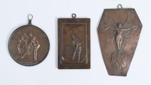 Cricket plaques. Three early 20th century hanging wall plaques. One is a rectangular weighty lead alloy plaque with bronze finish in relief of a cricketer in batting stance at the wicket. Maker&rsquo;s marks and date stamps to front, &lsquo;Copyright C.B. & S.&rsquo;, &lsquo;R.S