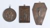 Cricket plaques. Three early 20th century hanging wall plaques. One is a rectangular weighty lead alloy plaque with bronze finish in relief of a cricketer in batting stance at the wicket. Maker&rsquo;s marks and date stamps to front, &lsquo;Copyright C.B. & S.&rsquo;, &lsquo;R.S