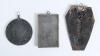 Cricket plaques. Three early 20th century hanging wall plaques. One is a rectangular weighty lead alloy plaque with bronze finish in relief of a cricketer in batting stance at the wicket. Maker&rsquo;s marks and date stamps to front, &lsquo;Copyright C.B. & S.&rsquo;, &lsquo;R.S - 4