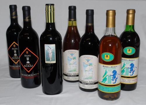 Cricket wines. A selection of eleven unopened bottles of wine, port and champagne. Includes nine Australian wines, Wyndham Estate &lsquo;Benson & Hedges Bicentennial Test&rsquo; Bin 555 (red) and Bin 777 (rose) 1985. Rosemount &lsquo;M.C.C. Shiraz&rsquo; 1990 (Qty 2). Jim Barry 