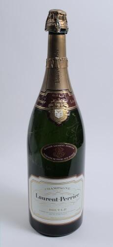 Signed champagne bottle c.1990. Large Jeroboam (3 litre) bottle of Laurent-Perrier Brut Champagne. Sixteen signatures to the bottle, possibly attendees for a charity match, probably early 1990s. Signatures are Ray Illingworth, Tim Rice, Paul Getty, Brian 