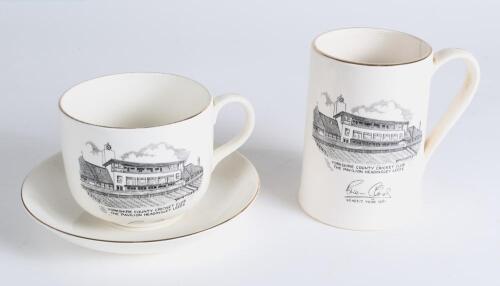 Brian Close Benefit Year 1961. Two items of Sandland items produced to commemorate Close&rsquo;s Benefit featuring the transfer printed image of &lsquo;Yorkshire County Cricket Club. The Pavilion, Headingley, Leeds&rsquo; and Close&rsquo;s printed signature. Items are a large cu