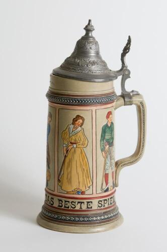 German beer stein. A striking German-made stein circa 1880s. Classic German stoneware with a pewter lid and decorated with colourful images in panels of cricket, football, tennis, croquet and hockey. Around the base is the German motto &lsquo;Maass und Ziel das