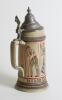 German beer stein. A striking German-made stein circa 1880s. Classic German stoneware with a pewter lid and decorated with colourful images in panels of cricket, football, tennis, croquet and hockey. Around the base is the German motto &lsquo;Maass und Ziel das - 3