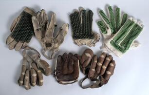 Batting gloves 1890-1950&rsquo;s. Five pairs or single gloves showing the progression and evolution of the glove over the years. The first, a single wrap around batting glove from the 1890&rsquo;s, the second a pair of tubular open palmed gloves from the 1920&rsquo;s manuf