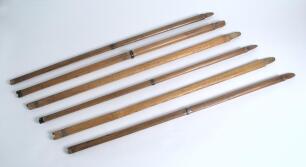 Cricket stumps circa early 1820&rsquo;s. Six oval, rather than circular, cricket stumps used during this early period. Four of the stumps are marked &lsquo;Clapshaw&rsquo; (maker). and each of these stumps feature three metal bands, one set at the top, one set centrally in