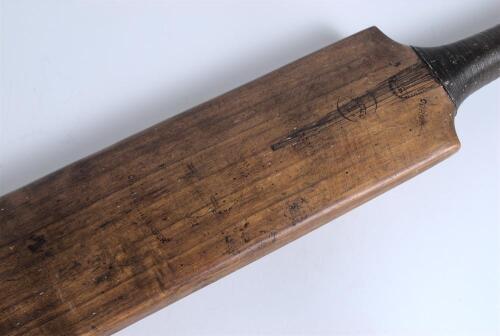 James Cobbett &lsquo;Gutta Percha Driver&rsquo; cricket bat c1890. Stamps for &lsquo;Richardson of Liverpool&rsquo; to the bat in several places. &lsquo;Cobbett&rsquo; impressed twice to the cap of the handle and the initials &lsquo;W.D.R.&rsquo; and number D23045 run down the splice. The back of the 
