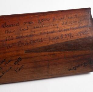 David Denton. Yorkshire & England 1894-1920. Stuart Surridge &lsquo;Rapid Driver&rsquo; cricket bat used by Denton in the 1905 cricket season scoring over 2405 runs, becoming one of Wisden&rsquo;s &lsquo;Five Cricketers of the Year&rsquo; [Wisden 1906], and making 52 and 153 not out 