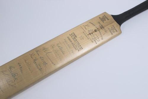England Test and Counties 1963. Full size Stuart Surridge &lsquo;Ken Barrington Autograph&rsquo; bat very nicely signed in ink to the face by twelve members of the England Test team, and to the verso by twelve players from each County of Hampshire, Surrey, Sussex, Yo