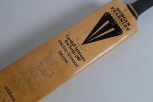England v Australia 1985. Duncan Fearnley cricket bat signed to the face by twelve of the England and fifteen members of the Australian teams. Signatures include Gower, Botham, Gatting, Lamb, Gooch, Downton, Willey, Robinson, Border, Lawson, O&rsquo;Donnell, Th