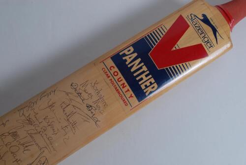 &lsquo;Yorkshire Cricketers&rsquo;. Slazenger Panther cricket bat signed by twenty one players past and present. Signatures include Moxon, Bird, Richardson, Hartley, Close, Silverwood, Gough, Sidebottom, McGrath etc. Good condition