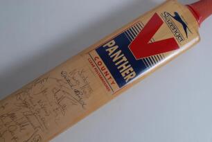 &lsquo;Yorkshire Cricketers&rsquo;. Slazenger Panther cricket bat signed by twenty one players past and present. Signatures include Moxon, Bird, Richardson, Hartley, Close, Silverwood, Gough, Sidebottom, McGrath etc. Good condition